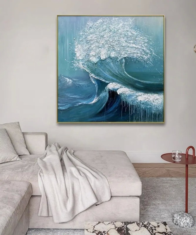 Hand Painted Sea Wave Oil Painting Artwork Modern Abstract Heavy Textured Wall Hanging